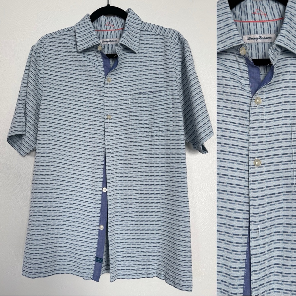 Tommy Bahama Shirt Men's Medium Blue 100% Silk IslandZone Button Up Casual Beach